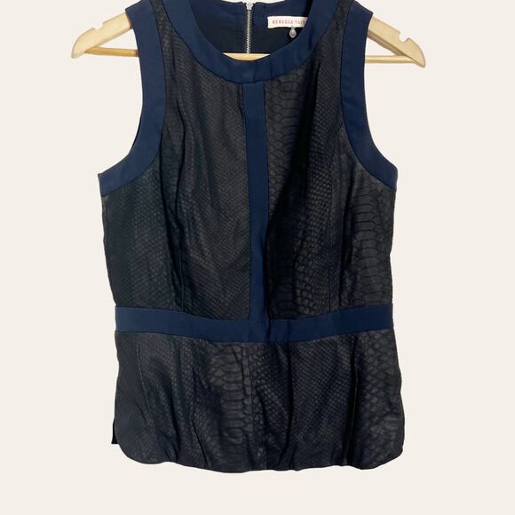 Rebecca Taylor Navy Black Paneled Snakeskin Leather Sleeveless Peplum Top Size 6 - Picture 2 of 8